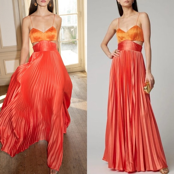 AMUR Dresses & Skirts - AMUR Elodie Pleated Colorblock Two Tone Maxi Dress in Coral Orange Sz 6